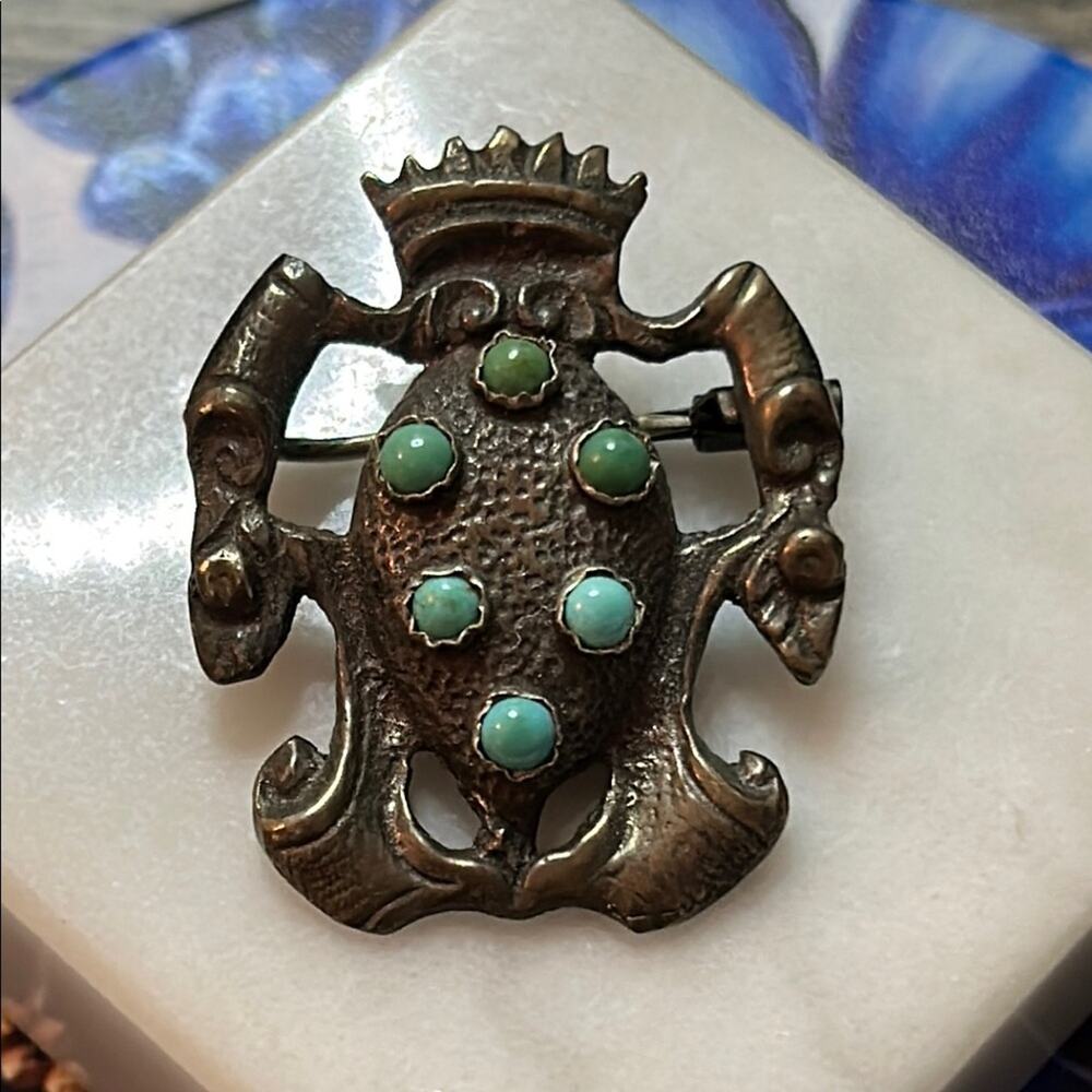 Antique 800 Sterling Silver Brooch with Trombone Clasp #A15 turquoise